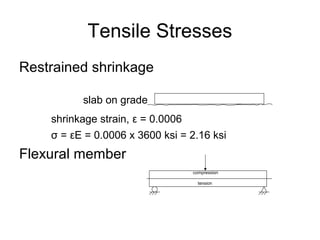 Tensile Stresses
Restrained shrinkage
slab on grade
shrinkage strain, ε = 0.0006
σ = εE = 0.0006 x 3600 ksi = 2.16 ksi
Flexural member
compression
tension
 