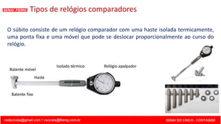 O súbito consiste de um relógio comparador com uma haste isolada termicamente,
uma ponta fixa e uma móvel que pode se deslocar proporcionalmente ao curso do
relógio.
Tipos de relógios comparadores
 