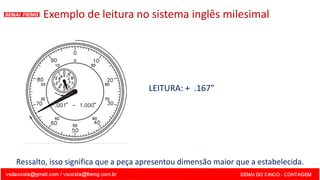 LEITURA: + .167"
Exemplo de leitura no sistema inglês milesimal
Ressalto, isso significa que a peça apresentou dimensão maior que a estabelecida.
 