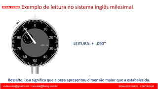 LEITURA: + .090"
Exemplo de leitura no sistema inglês milesimal
Ressalto, isso significa que a peça apresentou dimensão maior que a estabelecida.
 
