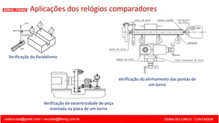 Aplicações dos relógios comparadores
Verificação de excentricidade de peça
montada na placa de um torno
Verificação do Paralelismo
Verificação do alinhamento das pontas de
um torno
 
