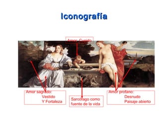 IconografíaIconografía
Amor sagrado:
Vestido
Y Fortaleza
Amor profano:
Desnudo
Paisaje abierto
Sarcófago como
fuente de la vida
Amor: Cupido
 