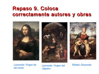 Repaso 9. ColocaRepaso 9. Coloca
correctamente autores y obrascorrectamente autores y obras
Leonardo: Virgen de
las rocas
Leonardo: Virgen del
Jilguero
Rafael: Gioconda
 