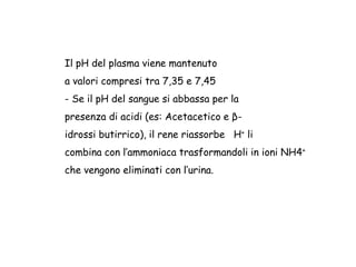 Il pH del plasma viene mantenuto
a valori compresi tra 7,35 e 7,45
- Se il pH del sangue si abbassa per la
presenza di acidi (es: Acetacetico e β-
idrossi butirrico), il rene riassorbe H+ li
combina con l’ammoniaca trasformandoli in ioni NH4+
che vengono eliminati con l’urina.
 