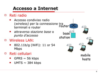 Accesso a Internet Reti radio Accesso condiviso radio ( wireless)  per la connessione tra terminali e router attraverso  stazione base  o  punto d’accesso Wireless LAN: 802.11b/g (WiFi): 11 or 54  Mbps Reti cellulari GPRS ~ 56 kbps UMTS ~ 384 kbps base station mobile hosts router 