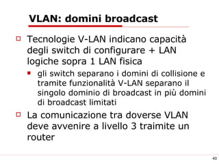 VLAN: domini broadcast  Tecnologie V-LAN indicano capacità degli switch di configurare + LAN logiche sopra 1 LAN fisica gli switch separano i domini di collisione e tramite funzionalità V-LAN separano il singolo dominio di broadcast in più domini di broadcast limitati La comunicazione tra doverse VLAN deve avvenire a livello 3 traimite un router 