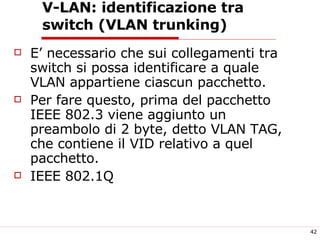 V-LAN:  identificazione tra switch (VLAN trunking) E’ necessario che sui collegamenti tra switch si possa identificare a quale VLAN appartiene ciascun pacchetto.  Per fare questo, prima del pacchetto IEEE 802.3 viene aggiunto un preambolo di 2 byte, detto VLAN TAG, che contiene il VID relativo a quel pacchetto.  IEEE 802.1Q 