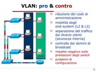 VLAN:  pro  &  contro riduzione dei costi di amministrazione mobilità degli    end-system (L2 & L3) separazione del traffico dei diversi utenti (sicurezza interna) controllo dei domini di broadcast impatto negativo sulle prestazioni degli switch problemi di configurazione VLAN Group 1 VLAN Group 2 