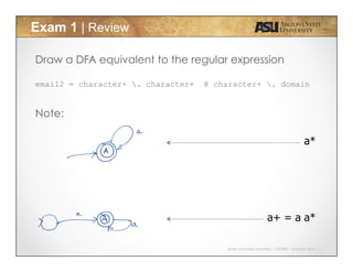 Javier Gonzalez-Sanchez | CSE340 | Summer 2015 | 2
Exam 1 | Review
Draw a DFA equivalent to the regular expression
email2 = character+ . character+ @ character+ . domain
Note:
a*
a+ = a a*
 