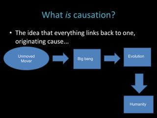 What  is  causation? The idea that everything links back to one, originating cause... Unmoved Mover Big bang Evolution Humanity 