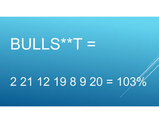 BULLS**T =
2 21 12 19 8 9 20 = 103%