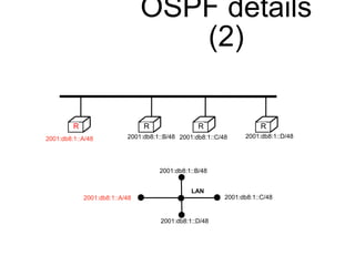 OSPF details 
(2) 
R R R R 
2001:db8:1::A/48 2001:db8:1::B/48 2001:db8:1::C/48 2001:db8:1::D/48 
2001:db8:1::C/48 
2001:db8:1::B/48 
2001:db8:1::A/48 
LAN 
2001:db8:1::D/48 
 