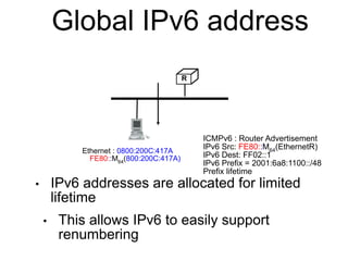 Global IPv6 address 
• IPv6 addresses are allocated for limited 
lifetime 
• This allows IPv6 to easily support 
renumbering 
R 
ICMPv6 : Router Advertisement 
IPv6 Src: FE80::M64(EthernetR) 
IPv6 Dest: FF02::1 
IPv6 Prefix = 2001:6a8:1100::/48 
Prefix lifetime 
Ethernet : 0800:200C:417A 
FE80::M64(800:200C:417A) 
 