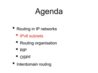 Agenda 
• Routing in IP networks 
• IPv6 subnets 
• Routing organisation 
• RIP 
• OSPF 
• Interdomain routing 
 