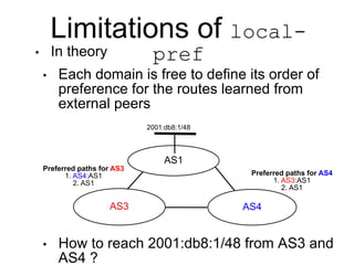 Limitations of local-
pref
• In theory
• Each domain is free to define its order of
preference for the routes learned from...