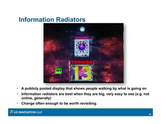 Information Radiators




 •  A publicly posted display that shows people walking by what is going on
 •  Information radi...