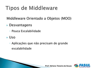 Middleware Orientado a Objetos (MOO)
   Desvantagens
    ◦ Pouca Escalabilidade

   Uso
    ◦ Aplicações que não precisam de grande
     escalabilidade




                             Prof. Adriano Teixeira de Souza
 