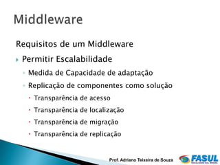 Requisitos de um Middleware
   Permitir Escalabilidade
    ◦ Medida de Capacidade de adaptação
    ◦ Replicação de componentes como solução
      Transparência de acesso
      Transparência de localização
      Transparência de migração
      Transparência de replicação


                              Prof. Adriano Teixeira de Souza
 