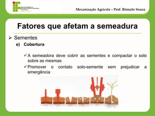 Fatores que afetam a semeadura 
Sementes 
e)Cobertura 
A semeadora deve cobrir as sementes e compactar o solo sobre as mesmas 
Promover o contato solo-semente sem prejudicar a emergência 
Mecanização Agrícola – Prof. Rômulo Souza  
