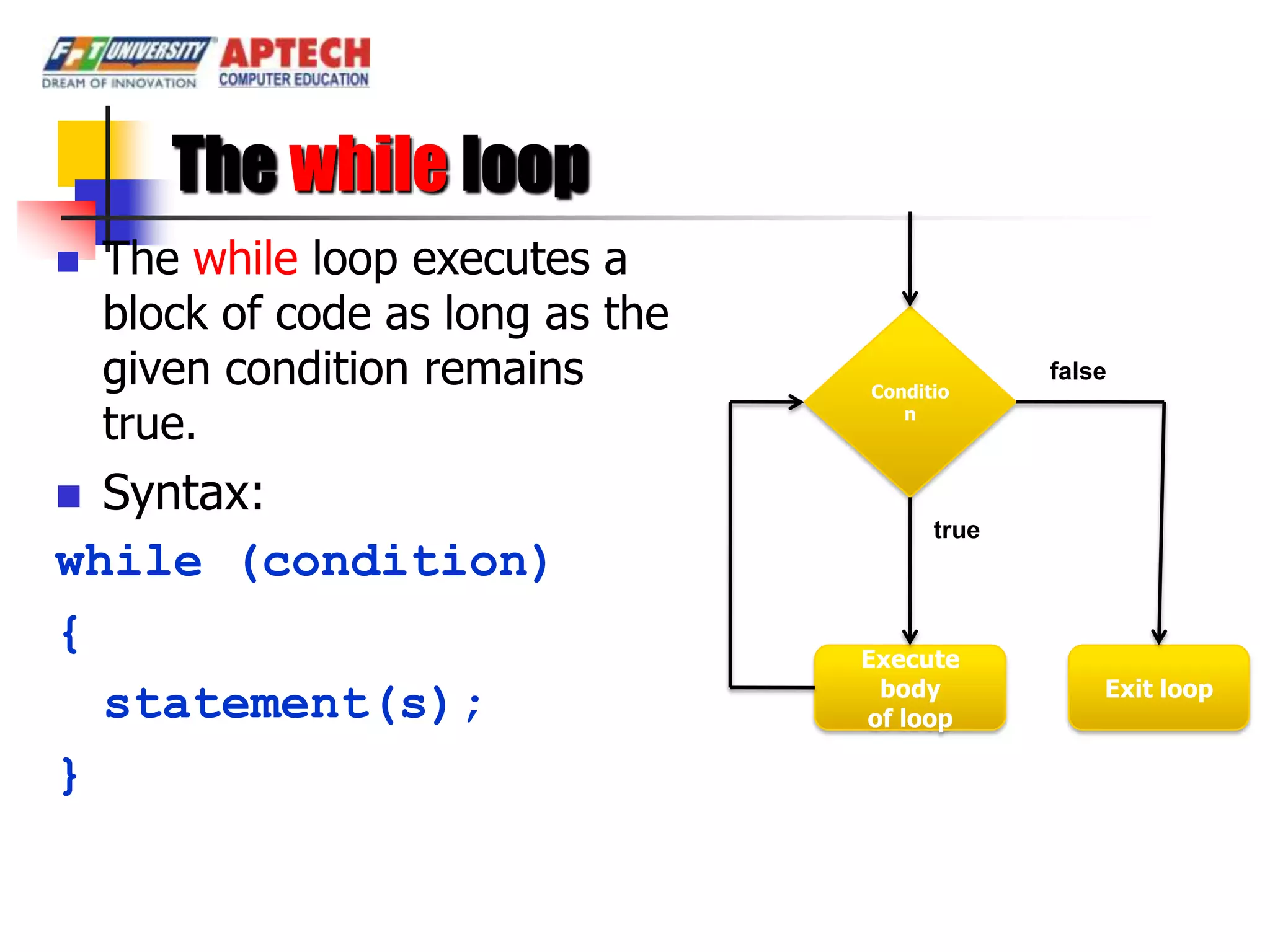 The while loop
   The while loop executes a
    block of code as long as the
    given condition remains        Conditio
                                                false

    true.                             n



 Syntax:
                                         true
while (condition)
{                                  Execute
                                    body            Exit loop
  statement(s);                    of loop

}
 