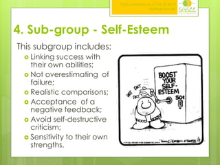 ITAG conference,17-18.10.2013
Nottingham,UK

4. Sub-group - Self-Esteem
This subgroup includes:
 Linking

success with
their own abilities;
 Not overestimating of
failure;
 Realistic comparisons;
 Acceptance of a
negative feedback;
 Avoid self-destructive
criticism;
 Sensitivity to their own
strengths.

 