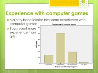 ITAG conference,17-18.10.2013
Nottingham,UK

Experience with computer games
 Majority

beneficiaries has some experience with
computer games
 Boys report more
experience than
girls

 