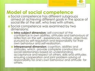 ITAG conference,17-18.10.2013
Nottingham,UK

Model of social competence
 Social

competence has different subgroups
aimed at achieving different goals in the space of
social life of the self, who lives with others.
 Social competence was examined by two
dimensions:




Intra-subject dimension: self-concept of the
confidence in own abilities, attitudes and behaviours of
reflection on the self - experiences, motives, objectives
pursued by self-regulation and responsibility for their
own behaviour and self-realization.
Interpersonal dimension: cognition, abilities and
attitudes, which provide complete construction of
social relationships based on understanding,
acceptance and respect of others, skills and attitudes
ensuring cooperation and joint problem solving of
responsibility for one's own behaviour and attitude for
others.

 