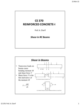 15-Mar-13
CE 370: Prof. A. Charif 1
CE 370
REINFORCED CONCRETE-I
Prof. A. Charif
Shear in RC Beams
Shear in Beams
2
• Transverse loads on
beams cause
bending moment M
and shear force V
• Shear force V is the
first derivative of
the moment M
dx
dM
V 
 