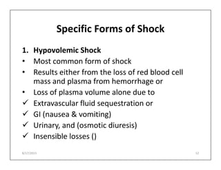 Specific Forms of Shock
1. Hypovolemic Shock
• Most common form of shock
• Results either from the loss of red blood cell
mass and plasma from hemorrhage or
mass and plasma from hemorrhage or
• Loss of plasma volume alone due to
 Extravascular fluid sequestration or
 GI (nausea & vomiting)
 Urinary, and (osmotic diuresis)
 Insensible losses ()
8/17/2015 12
 