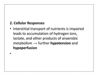 2. Cellular Responses
• Interstitial transport of nutrients is impaired
leads to accumulation of hydrogen ions,
lactate, and other products of anaerobic
lactate, and other products of anaerobic
metabolism → further hypotension and
hypoperfusion
•
 