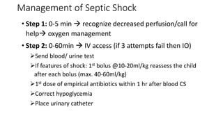Management of Septic Shock
• Step 1: 0-5 min  recognize decreased perfusion/call for
help oxygen management
• Step 2: 0-60min  IV access (if 3 attempts fail then IO)
Send blood/ urine test
If features of shock: 1st bolus @10-20ml/kg reassess the child
after each bolus (max. 40-60ml/kg)
1st dose of empirical antibiotics within 1 hr after blood CS
Correct hypoglycemia
Place urinary catheter
 