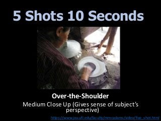 5 Shots 10 Seconds
Count it down!!!
Shots seem long when shooting but not
long enough when editing
10 and 9 and 8 and
7 an...