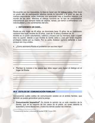 De acuerdo con tus respuestas, la idea es hacer uso del diálogo lúdico. Éste tiene
un grado alto de participación afectiva donde la intimidad y el gozo se dan de
manera espontánea; estas vivencias nos acercarán más a nosotros mismos y al
mundo de los otros. Mientras el diálogo funciona es “el tipo de comunicación
interpersonal que siempre habla de objetos, tareas, por temor a enfrentarse a la
individualidad y a los sentimientos del otro.

           ESTUDIEMOS UN CASO...

Rosita es una mujer de 45 años, es divorciada hace 15 años, de su matrimonio
nacieron tres hijos: Andrés de 20 años, Juan de 15 años y Esteban de 10.
Andrés es un joven voluntarioso, colérico y brusco con su hermano Juan a quien
dice no querer, debido a que Andrés le siente celos a Juan por tener mayores
privilegios dados por su madre. Por su parte, Esteban siempre defiende a Juan
porque son muy unidos.

• ¿Cómo abordaría Rosita el problema con sus tres hijos?
__________________________________________________________________
__________________________________________________________________
__________________________________________________________________
__________________________________________________________________
__________________________________________________________________
__________________________________________________________________
__________________________________________________________________
_______________________________________________________________

•  Plantear la manera o los pasos que debe seguir para lograr el diálogo en el
   hogar de Rosita
__________________________________________________________________
__________________________________________________________________
__________________________________________________________________
__________________________________________________________________
__________________________________________________________________
__________________________________________________________________
__________________________________________________________________
_______________________________________________________________

46.6 ESTILOS DE COMUNICACIÓN FAMILIAR

Conozcamos cuáles estilos de comunicación existen en el ámbito familiar, que
también se puede generalizar para la pareja:

» Comunicación Impositiva6: Es donde la opinión de un solo miembro de la
  familia, que en la mayoría de los casos es el padre, es quien detenta la
  autoridad y toma decisiones y todos los demás acatan las órdenes.
6
    Comunicación familiar y relaciones de equidad. ICBF, Íconos 2001.




                                                                                     10
 