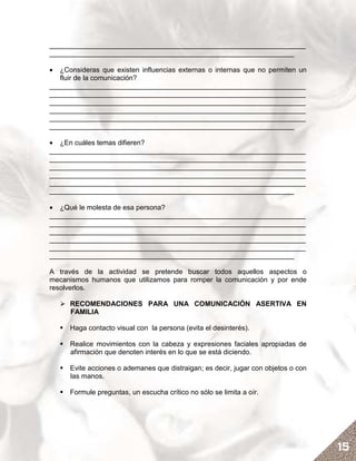 __________________________________________________________________
_______________________________________________________________

•  ¿Consideras que existen influencias externas o internas que no permiten un
   fluir de la comunicación?
__________________________________________________________________
__________________________________________________________________
__________________________________________________________________
__________________________________________________________________
__________________________________________________________________
_______________________________________________________________

• ¿En cuáles temas difieren?
__________________________________________________________________
__________________________________________________________________
__________________________________________________________________
__________________________________________________________________
__________________________________________________________________
_______________________________________________________________

• ¿Qué le molesta de esa persona?
__________________________________________________________________
__________________________________________________________________
__________________________________________________________________
__________________________________________________________________
__________________________________________________________________
_______________________________________________________________

A través de la actividad se pretende buscar todos aquellos aspectos o
mecanismos humanos que utilizamos para romper la comunicación y por ende
resolverlos.

      RECOMENDACIONES PARA UNA COMUNICACIÓN ASERTIVA EN
      FAMILIA

      Haga contacto visual con la persona (evita el desinterés).

      Realice movimientos con la cabeza y expresiones faciales apropiadas de
      afirmación que denoten interés en lo que se está diciendo.

      Evite acciones o ademanes que distraigan; es decir, jugar con objetos o con
      las manos.

      Formule preguntas, un escucha crítico no sólo se limita a oír.




                                                                                    15
 