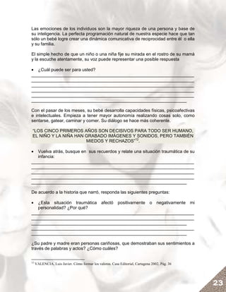 Las emociones de los individuos son la mayor riqueza de una persona y base de
su inteligencia. La perfecta programación natural de nuestra especie hace que tan
sólo un bebé logre crear una dinámica comunicativa de reciprocidad entre él o ella
y su familia.

El simple hecho de que un niño o una niña fije su mirada en el rostro de su mamá
y la escuche atentamente, su voz puede representar una posible respuesta

• ¿Cuál puede ser para usted?
__________________________________________________________________
__________________________________________________________________
__________________________________________________________________
__________________________________________________________________
__________________________________________________________________
_______________________________________________________________

Con el pasar de los meses, su bebé desarrolla capacidades físicas, psicoafectivas
e intelectuales. Empieza a tener mayor autonomía realizando cosas solo, como
sentarse, gatear, caminar y comer. Su diálogo se hace más coherente.

“LOS CINCO PRIMEROS AÑOS SON DECISIVOS PARA TODO SER HUMANO,
EL NIÑO Y LA NIÑA HAN GRABADO IMÁGENES Y SONIDOS, PERO TAMBIÉN
                      MIEDOS Y RECHAZOS”12.

•  Vuelva atrás, busque en sus recuerdos y relate una situación traumática de su
   infancia:
__________________________________________________________________
__________________________________________________________________
__________________________________________________________________
__________________________________________________________________
_______________________________________________________________

De acuerdo a la historia que narró, responda las siguientes preguntas:

•  ¿Esta situación traumática afectó positivamente o negativamente mi
   personalidad? ¿Por qué?
__________________________________________________________________
__________________________________________________________________
_______________________________________________________________
__________________________________________________________________
_______________________________________________________________

¿Su padre y madre eran personas cariñosas, que demostraban sus sentimientos a
través de palabras y actos? ¿Cómo cuáles?


12
     VALENCIA, Luis Javier. Cómo formar los valores. Casa Editorial, Cartagena 2002, Pág. 36




                                                                                               23
 