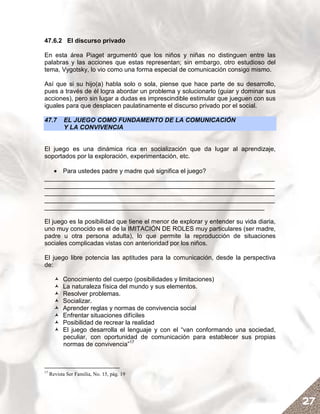 47.6.2 El discurso privado

En esta área Piaget argumentó que los niños y niñas no distinguen entre las
palabras y las acciones que estas representan; sin embargo, otro estudioso del
tema, Vygotsky, lo vio como una forma especial de comunicación consigo mismo.

Así que si su hijo(a) habla solo o sola, piense que hace parte de su desarrollo,
pues a través de él logra abordar un problema y solucionarlo (guiar y dominar sus
acciones), pero sin lugar a dudas es imprescindible estimular que jueguen con sus
iguales para que desplacen paulatinamente el discurso privado por el social.

47.7       EL JUEGO COMO FUNDAMENTO DE LA COMUNICACIÓN
           Y LA CONVIVENCIA


El juego es una dinámica rica en socialización que da lugar al aprendizaje,
soportados por la exploración, experimentación, etc.

   • Para ustedes padre y madre qué significa el juego?
__________________________________________________________________
__________________________________________________________________
__________________________________________________________________
__________________________________________________________________
_______________________________________________________________

El juego es la posibilidad que tiene el menor de explorar y entender su vida diaria,
uno muy conocido es el de la IMITACIÓN DE ROLES muy particulares (ser madre,
padre u otra persona adulta), lo que permite la reproducción de situaciones
sociales complicadas vistas con anterioridad por los niños.

El juego libre potencia las aptitudes para la comunicación, desde la perspectiva
de:

           Conocimiento del cuerpo (posibilidades y limitaciones)
           La naturaleza física del mundo y sus elementos.
           Resolver problemas.
           Socializar.
           Aprender reglas y normas de convivencia social
           Enfrentar situaciones difíciles
           Posibilidad de recrear la realidad
           El juego desarrolla el lenguaje y con el “van conformando una sociedad,
           peculiar, con oportunidad de comunicación para establecer sus propias
           normas de convivencia”17



17
     Revista Ser Familia, No. 15, pág. 19




                                                                                       27
 