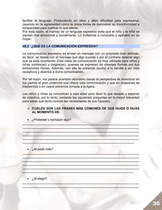 facilitar el lenguaje. Produciendo en ellos y ellas dificultad para expresarse,
cayendo en la agresividad como la única forma de demostrar su inconformidad e
incapacidad para explicar lo que siente.
Por esta razón, el manejo de un lenguaje expresivo evita que el niño y la niña se
sientan mal emocional y socialmente. Lo invitamos a conocerlo y aplicarlo en su
hogar.

48.2 ¿QUÉ ES LA COMUNICACIÓN EXPRESIVA?

La comunicación expresiva es enviar un mensaje con un propósito bien definido,
es decir, se desea con el mensaje que algo suceda o por el contrario detener algo
que ya está ocurriendo. Esta clase de comunicación es muy utilizada para niños y
niñas sordos(as) y ciegos(as), quienes se expresan de diversas formas por sus
limitaciones físicas. Además, con ella se pretende ayudar a la familia a ser más
receptivos y abiertos a dicha comunicación.

Por tal razón, me parece acertado abordarlo desde la perspectiva de incentivar en
los padres el gran potencial que ofrece esta comunicación y que en ocasiones es
inadvertida o en casos extremos tomada a la ligera.

Los niños y niñas se comunican a esta edad para decir lo que desean y esperan
de nosotros, por lo tanto, conteste las siguientes preguntas en la mayor brevedad
para saber qué tanto conoce las necesidades de sus hijos(as).

      CUÁLES SON LAS FRASES MÁS COMUNES DE SUS HIJOS O HIJAS
      AL MOMENTO DE:

   • ¿Protestar o rechazar algo?
__________________________________________________________________
__________________________________________________________________
__________________________________________________________________
__________________________________________________________________
__________________________________________________________________
_______________________________________________________________

   • ¿Al pedir más?
__________________________________________________________________
__________________________________________________________________
__________________________________________________________________
__________________________________________________________________
__________________________________________________________________
_______________________________________________________________

   • ¿Al elegir?
__________________________________________________________________
__________________________________________________________________




                                                                                    36
 