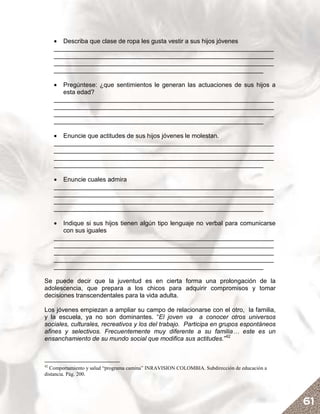 • Describa que clase de ropa les gusta vestir a sus hijos jóvenes
     _______________________________________________________________
     _______________________________________________________________
     _______________________________________________________________
     ____________________________________________________________

     •  Pregúntese: ¿que sentimientos le generan las actuaciones de sus hijos a
        esta edad?
     _______________________________________________________________
     _______________________________________________________________
     _______________________________________________________________
     ____________________________________________________________

     • Enuncie que actitudes de sus hijos jóvenes le molestan.
     _______________________________________________________________
     _______________________________________________________________
     _______________________________________________________________
     ____________________________________________________________

     • Enuncie cuales admira
     _______________________________________________________________
     _______________________________________________________________
     _______________________________________________________________
     ____________________________________________________________

     •  Indique si sus hijos tienen algún tipo lenguaje no verbal para comunicarse
        con sus iguales
     _______________________________________________________________
     _______________________________________________________________
     _______________________________________________________________
     _______________________________________________________________
     ____________________________________________________________

Se puede decir que la juventud es en cierta forma una prolongación de la
adolescencia, que prepara a los chicos para adquirir compromisos y tomar
decisiones transcendentales para la vida adulta.

Los jóvenes empiezan a ampliar su campo de relacionarse con el otro, la familia,
y la escuela, ya no son dominantes. “El joven va a conocer otros universos
sociales, culturales, recreativos y los del trabajo. Participa en grupos espontáneos
afines y selectivos. Frecuentemente muy diferente a su familia… este es un
ensanchamiento de su mundo social que modifica sus actitudes.”42



42
  Comportamiento y salud “programa camina” INRAVISION COLOMBIA. Subdirección de educación a
distancia. Pág. 200.




                                                                                              61
 