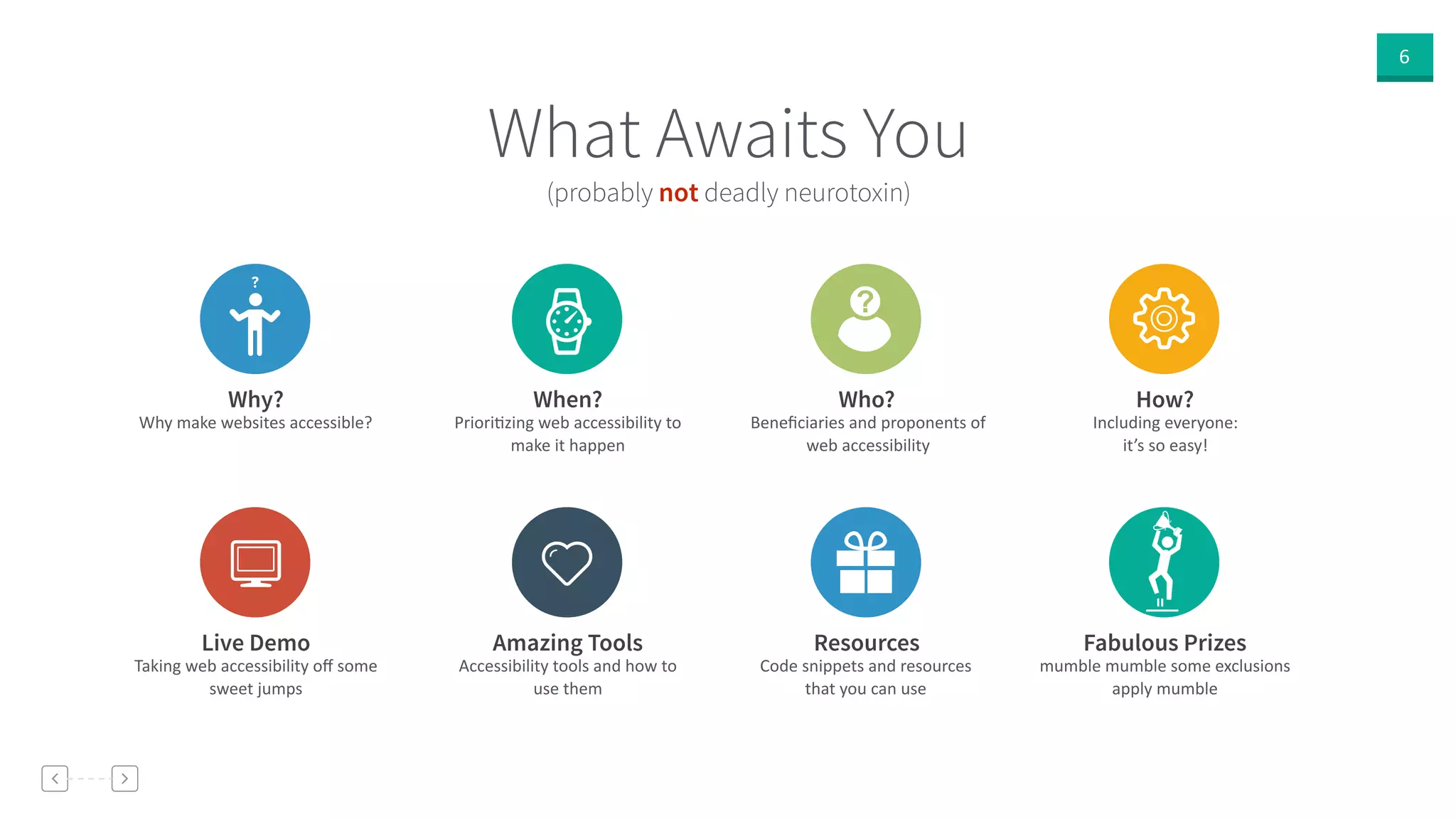 6
(probably not deadly neurotoxin)
What Awaits You
Why?
Why  make  websites  accessible?
Live Demo
Taking  web  accessibility  oﬀ  some  
sweet  jumps
When?
PrioriVzing  web  accessibility  to  
make  it  happen
Amazing Tools
Accessibility  tools  and  how  to  
use  them
How?
Including  everyone:    
it’s  so  easy!
Fabulous Prizes
mumble  mumble  some  exclusions  
apply  mumble
Who?
Beneﬁciaries  and  proponents  of  
web  accessibility
Resources
Code  snippets  and  resources  
that  you  can  use
 