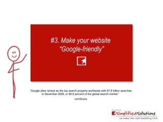 #3. Make your website  “ Google-friendly” “ Google sites ranked as the top search property worldwide with 87.8 billion searches  in December 2009, or 66.8 percent of the global search market.”  comScore 