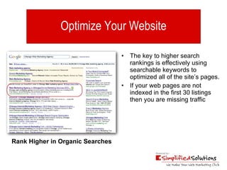 Optimize Your Website The key to higher search rankings is effectively using searchable keywords to optimized all of the site’s pages. If your web pages are not indexed in the first 30 listings then you are missing traffic Rank Higher in Organic Searches 