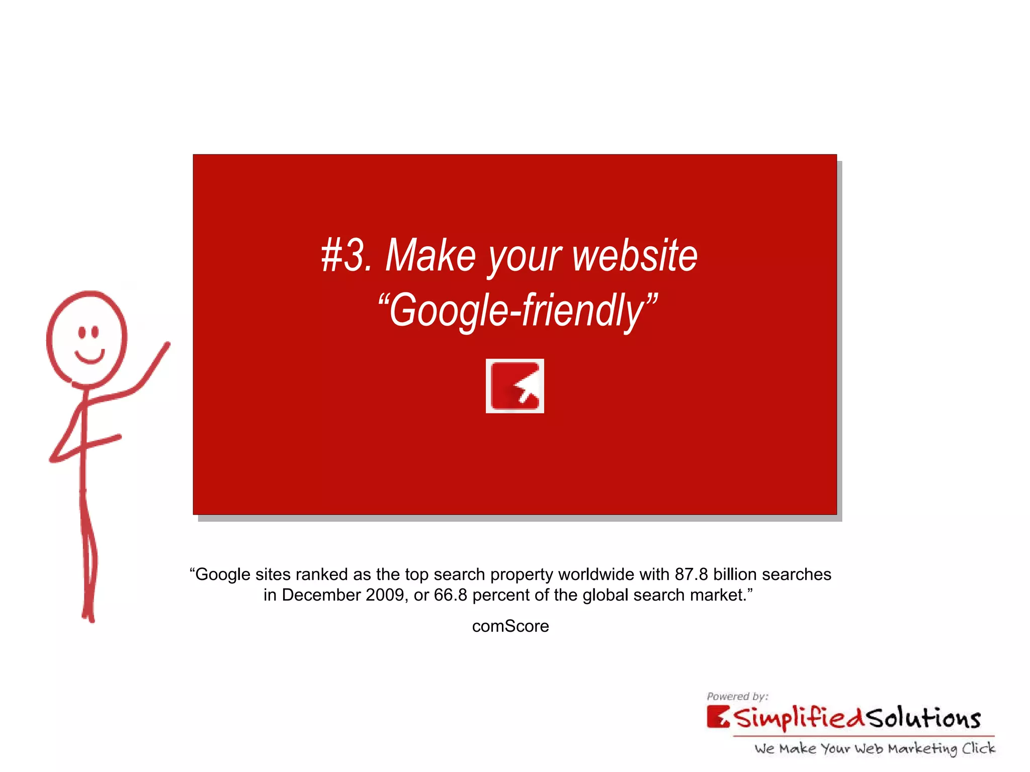 #3. Make your website  “ Google-friendly” “ Google sites ranked as the top search property worldwide with 87.8 billion searches  in December 2009, or 66.8 percent of the global search market.”  comScore 