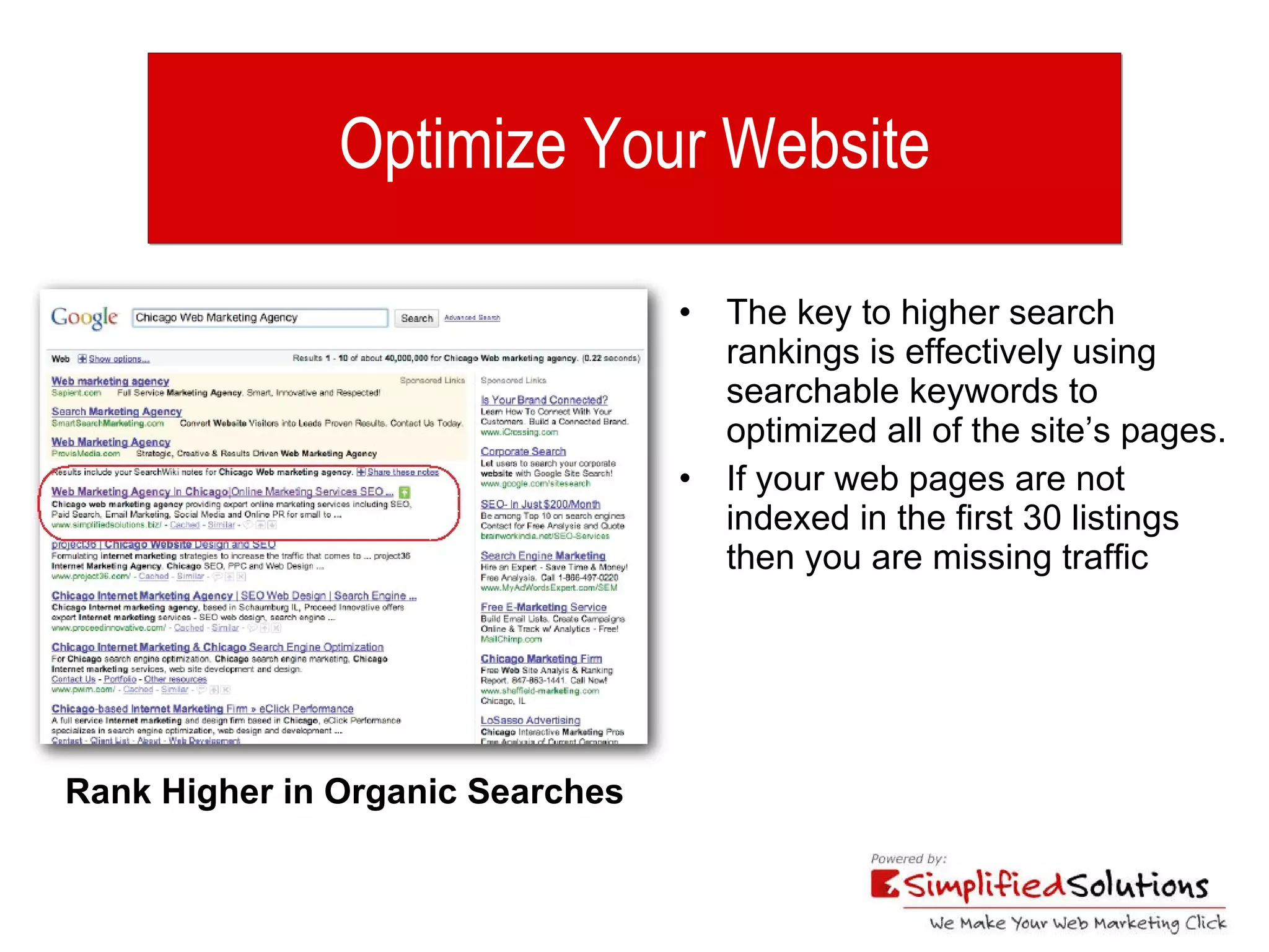 Optimize Your Website The key to higher search rankings is effectively using searchable keywords to optimized all of the site’s pages. If your web pages are not indexed in the first 30 listings then you are missing traffic Rank Higher in Organic Searches 