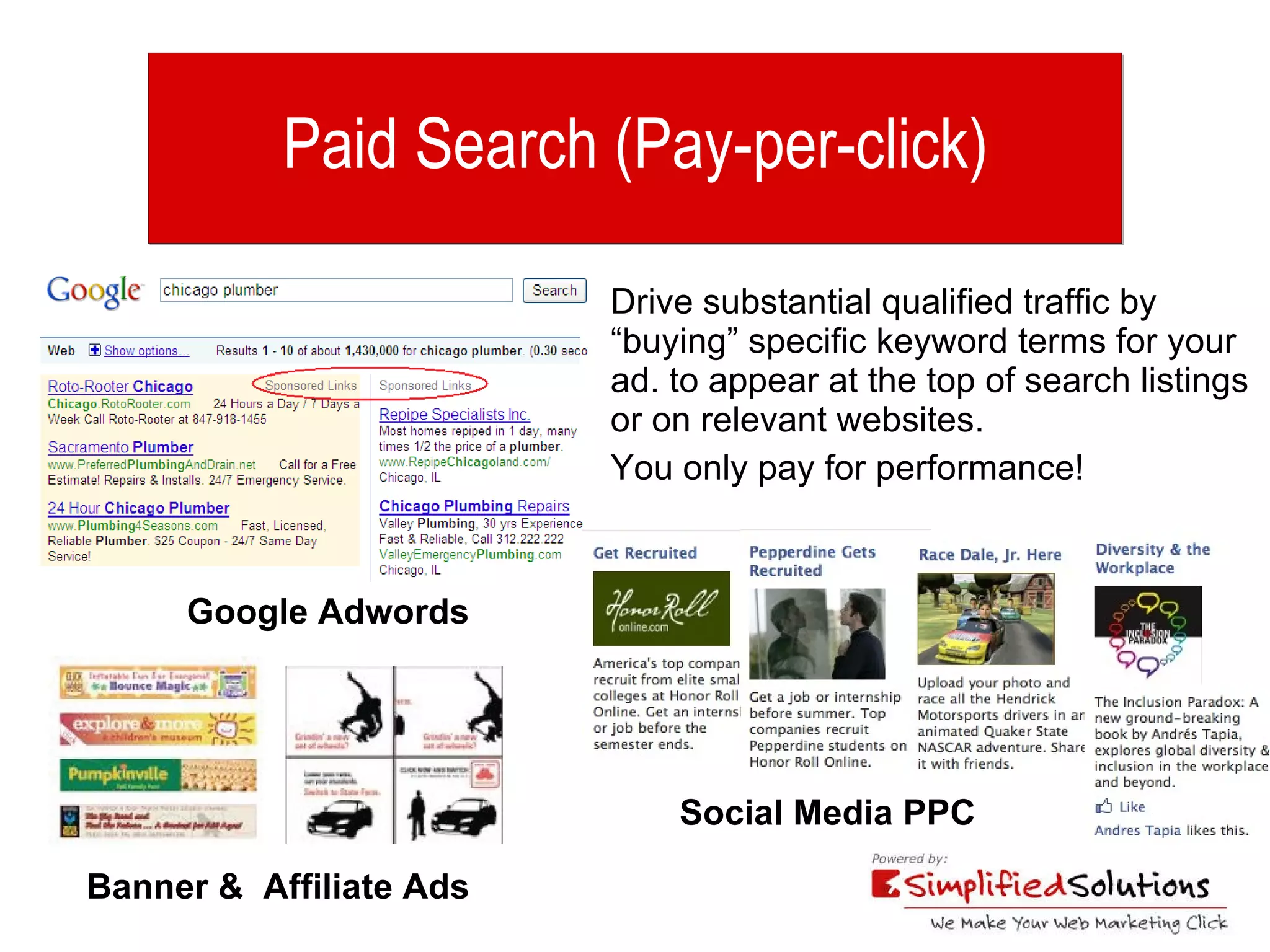 Paid Search (Pay-per-click) Drive substantial qualified traffic by “buying” specific keyword terms for your ad. to appear at the top of search listings or on relevant websites. You only pay for performance! Google Adwords Social Media PPC Banner &  Affiliate Ads 