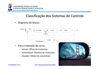 UNIVERSIDADE FEDERAL DE SERGIPE
      CENTRO DE CIÊNCIAS EXATAS E TECNOLOGIA
      NÚCLEO DE ENGENHARIA MECÂNICA


                      Classificação dos Sistemas de Controle
        • Diagrama de blocos




        • Para o exemplo do carro:
              – Sensor: Olhos do motorista
              – Controlador: Cérebro do motorista.
              – Atuador: Motor do automóvel.


11/08/2009 18:21                 Prof. Douglas Bressan Riffel   15
 