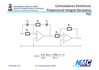 UNIVERSIDADE FEDERAL DE SERGIPE                Controladores Eletrônicos
      CENTRO DE CIÊNCIAS EXATAS E TECNOLOGIA
      NÚCLEO DE ENGENHARIA MECÂNICA             Proporcional-Integral-Derivativo
                                                Proporcional-Integral- e at o
                                                  opo c o a teg a
                                                                            PID
                      C1           R2          C2
                                                                              R4
                     R1
                                                            R3

                                   +
                                                                          +




                                          R4 R2 (R1C1s + 1)(R2C2 s + 1)
                                G( s) =
                                          R3 R1         R2C2 s


11/08/2009 18:21                 Prof. Douglas Bressan Riffel                      44
 