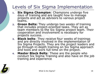 What Is Six Sigma? 18
Levels of Six Sigma Implementation
1. Six Sigma Champion: Champions undergo five
days of training and are taught how to manage
projects and act as advisors to various project
teams.
2. Green Belts: They undergo two weeks of training
that includes project-oriented tasks. They act as
team members to the Six Sigma project team. Their
cooperation and involvement is necessary for
projects success.
3. Black belts: They receive four weeks of trainings
and are directly involved in the implementation of
Six Sigma Projects. They are the project leaders and
go through in-depth training on Six Sigma approach
and tools and work full time on the project.
4. Master Black Belts: These are the people who
conduct Six Sigma Training and also have on the job
training and experience
 