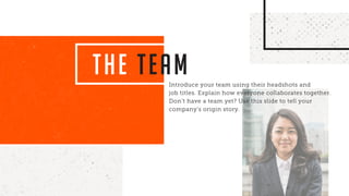 THE TEAMIntroduce your team using their headshots and
job titles. Explain how everyone collaborates together.
Don’t have a...