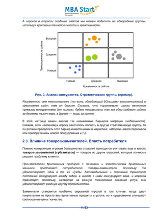 А игроков в отрасли создания сайтов мы можем поделить на однородные группы,
используя критерии технологичности и креативности.




        Рис. 3. Анализ конкурентов. Стратегические группы (пример).

Разумеется, чем технологичнее (то есть обладающий бОльшими возможностями) и
креативнее сайт, тем он дороже. Сказать, что «оранжевые» игроки являются
прямыми конкурентами для «синих», будет неправильно, так как одни создают сайты
за десятки тысяч евро, а другие — лишь за сотню.

В этой матрице важен анализ так называемых барьеров миграции (мобильности).
Скажем, если «зеленому» игроку захотелось попасть в другую стратегическую группу, то
он должен преодолеть этот барьер инвестициями в маркетинг, набором нового персонала
или приобретением нового оборудования и т.д.

2.3. Влияние товаров-заменителей. Власть потребителя
Помимо конкуренции игрокам большинства отраслей приходится учитывать еще и власть
товаров-заменителей (субститутов) — товаров из других отраслей, которые по-иному
решают проблему клиента.

Производители бритвенных приборов с лезвиями и электрических бритвенных
машинок    предлагают    потребителю     товары-заменители,    поскольку   те
удовлетворяют одни и те же нужды. Автомобильный и дорожный транспорт
постоянно конкурируют между собой, а иногда с ними конкурирует авиа- и морской
транспорт, поскольку, несмотря на разную технологию оказания услуг, они
удовлетворяют сходную группу потребностей.

Заменители становятся особенно серьезной угрозой в том случае, когда дают
покупателям не просто альтернативные продукты и услуги, но и существенно улучшают
соотношение цена / качество.

                                       11/33
 