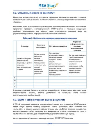 5.2. Смешанный анализ на базе SWOT
Некоторые авторы предлагают составлять смешанные матрицы для анализа; к примеру,
симбиоз PEST и SWOT-анализа вы можете провести с помощью программного комплекса
«Касатка».

Пол Нивен, один из популяризаторов методики сбалансированной системы показателей,
предлагает проводить «нетрадиционный» SWOT-анализ с помощью следующего
шаблона, позволяющего «не забыть» такие стратегически значимые зоны, как
управление персоналом, информационным капиталом компании.

           Таблица 2. Шаблон для проведения смешанного анализа
                                                                        Персонал,
                                                                     информационные
                            Клиенты и
         Финансы                            Внутренние процессы          системы,
                           поставщики
                                                                      корпоративная
                                                                         культура
                                           Как нам надо
                         Как мы должны
                                           усовершенствовать        Как нам надо работать
                         работать с
                                           наши внутренние          с информационным,
    Что хотят получить   нашими
                                           процессы, чтобы          человеческим и
    от бизнеса его       клиентами и
                                           создать                  организационным
    акционеры и другие   поставщиками,
                                           дополнительную           капиталом
    ключевые             чтобы получить
                                           ценность для нашего      организации, чтобы
    заинтересованные     нужный
                                           клиента и иметь          наши внутренние
    стороны              акционеру
                                           возможность работать с   процессы стали
                         финансовый
                                           лучшими                  эффективнее?
                         результат?
                                           поставщиками?
S
W
O
T

В малом и среднем бизнесе не всегда целесообразно использовать несколько видов
стратегического анализа, вполне достаточно на начальном этапе бывает
воспользоваться такой матрицей.

5.3. SWOT и количественная оценка результата
К.Облой предлагает проводить количественную оценку всех элементов SWOT-анализа,
введя некую единую систему координат. Можно сравнивать свои слабости или
«сильности» с самым сильным игроком отрасли или наиболее опасным конкурентом,
можно сравнивать себя с лидерами всех имеющихся в отрасли стратегических групп, с
компаниями вне отрасли, дав им соответствующую количественную оценку.

Автор предлагает усовершенствованную методику SWOT/TOWS-анализа.


                                          23/33
 